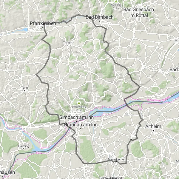 Karten-Miniaturansicht der Radinspiration "Rundtour nach Mauerkirchen" in Niederbayern, Germany. Erstellt vom Tarmacs.app-Routenplaner für Radtouren