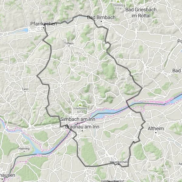 Map miniature of "Road Cycling Exploration: Pfarrkirchen and Beyond" cycling inspiration in Niederbayern, Germany. Generated by Tarmacs.app cycling route planner