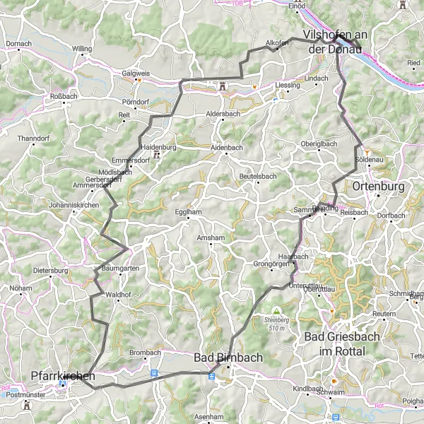 Map miniature of "Road Cycling Journey: Charming Villages near Pfarrkirchen" cycling inspiration in Niederbayern, Germany. Generated by Tarmacs.app cycling route planner