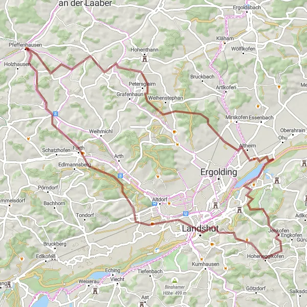 Map miniature of "Gravel Adventure to Landshut" cycling inspiration in Niederbayern, Germany. Generated by Tarmacs.app cycling route planner
