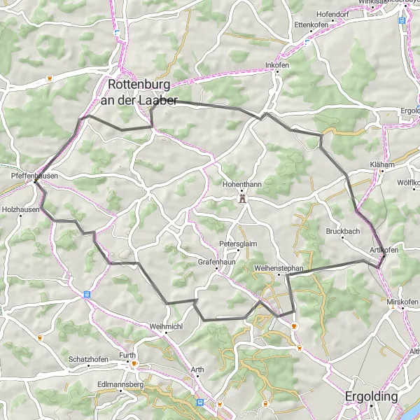 Map miniature of "Pfeffenhausen Circuit" cycling inspiration in Niederbayern, Germany. Generated by Tarmacs.app cycling route planner
