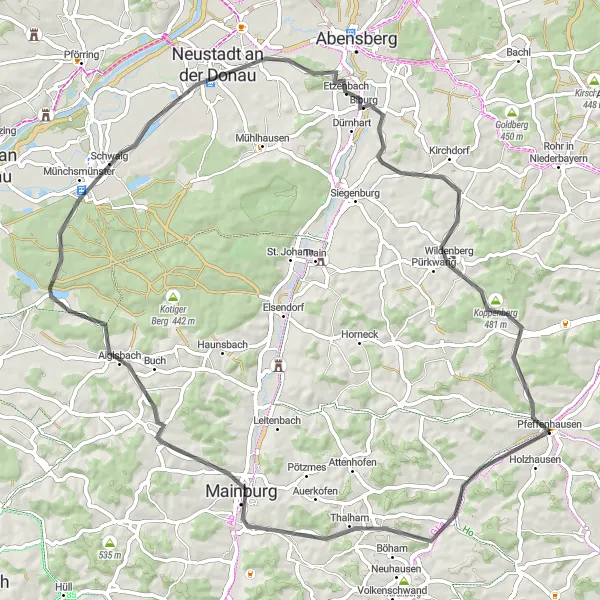 Map miniature of "Pfeffenhausen - Mainburg - Münchsmünster - Kirchdorf - Predigtstuhl" cycling inspiration in Niederbayern, Germany. Generated by Tarmacs.app cycling route planner