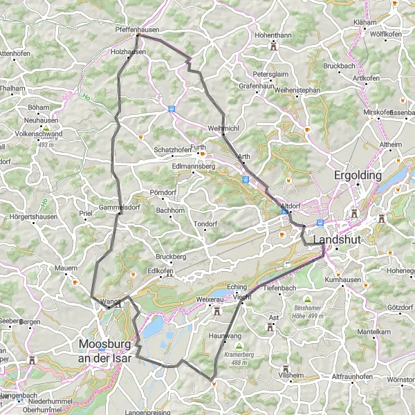 Map miniature of "Pfeffenhausen - Weihmichl - Altdorf - Klausenberg - Schusterberg - Buch am Erlbach - Salzberg - Gammelsdorf - Pfeffenhausen" cycling inspiration in Niederbayern, Germany. Generated by Tarmacs.app cycling route planner