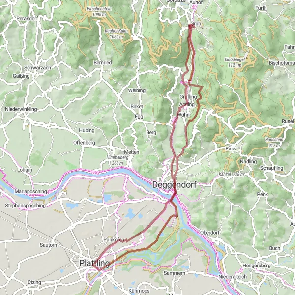 Map miniature of "Charming Villages and Scenic Views" cycling inspiration in Niederbayern, Germany. Generated by Tarmacs.app cycling route planner