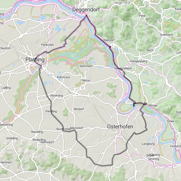 Map miniature of "Plattling to Niederalteich Loop" cycling inspiration in Niederbayern, Germany. Generated by Tarmacs.app cycling route planner