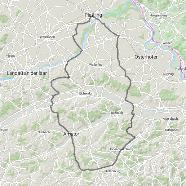 Map miniature of "Kirchdorf bei Osterhofen to Neukirchen Loop" cycling inspiration in Niederbayern, Germany. Generated by Tarmacs.app cycling route planner