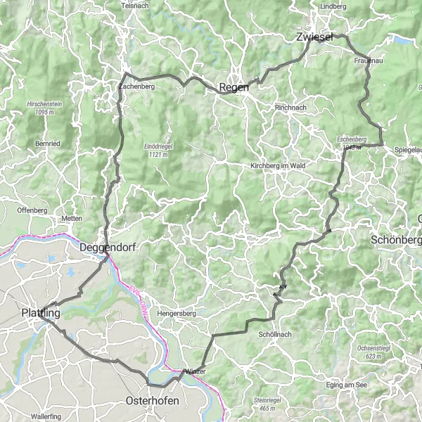 Map miniature of "Plattling to Habichtstein Loop" cycling inspiration in Niederbayern, Germany. Generated by Tarmacs.app cycling route planner