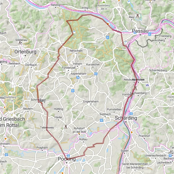 Karten-Miniaturansicht der Radinspiration "Gravel-Abenteuer rund um Pocking" in Niederbayern, Germany. Erstellt vom Tarmacs.app-Routenplaner für Radtouren