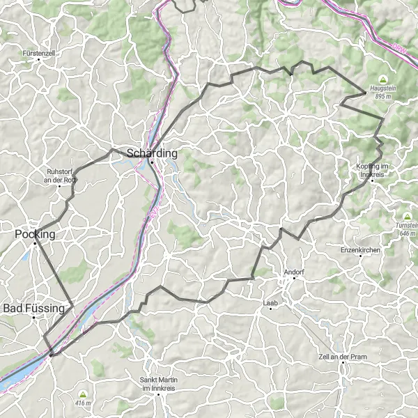 Karten-Miniaturansicht der Radinspiration "Schärding und Großer Schefberg Rundtour" in Niederbayern, Germany. Erstellt vom Tarmacs.app-Routenplaner für Radtouren