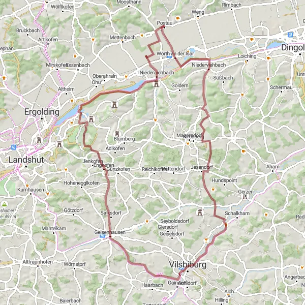 Map miniature of "Isar Loop Adventure" cycling inspiration in Niederbayern, Germany. Generated by Tarmacs.app cycling route planner