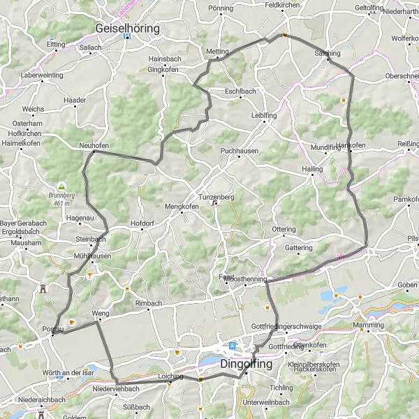 Karten-Miniaturansicht der Radinspiration "Road-Tour durch Opperkofen und Dingolfing" in Niederbayern, Germany. Erstellt vom Tarmacs.app-Routenplaner für Radtouren