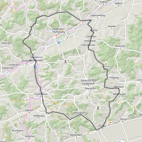 Map miniature of "Ergoldsbach Exploration" cycling inspiration in Niederbayern, Germany. Generated by Tarmacs.app cycling route planner