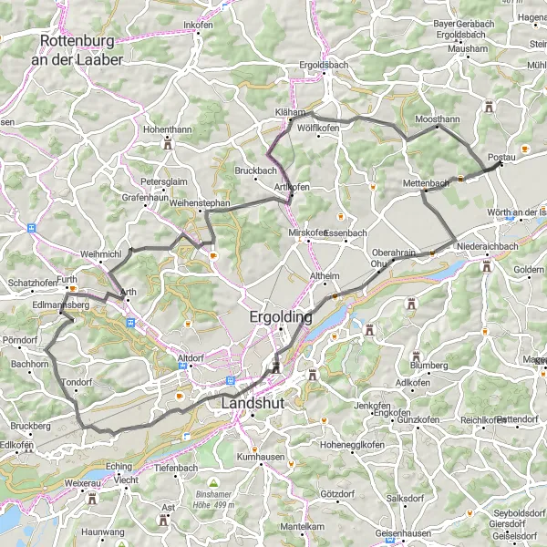 Map miniature of "Landshut to Unterköllnbach Loop" cycling inspiration in Niederbayern, Germany. Generated by Tarmacs.app cycling route planner