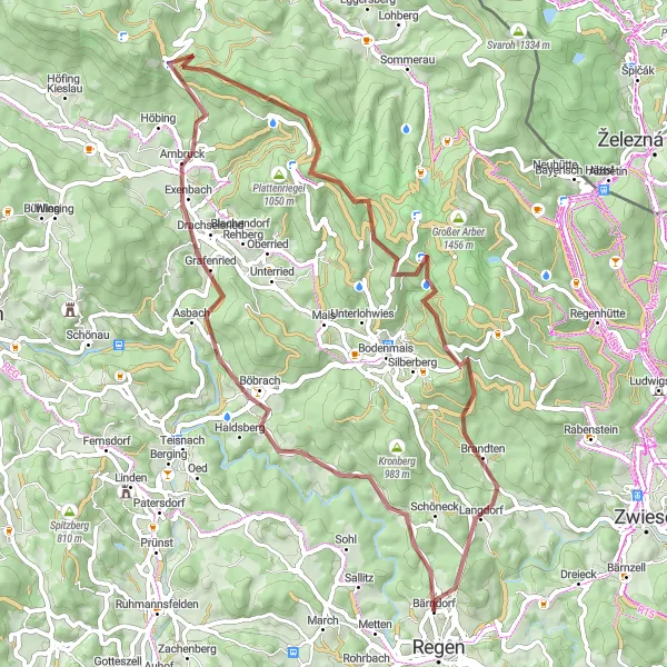 Karten-Miniaturansicht der Radinspiration "Kurze Gravel-Tour rund um Regen" in Niederbayern, Germany. Erstellt vom Tarmacs.app-Routenplaner für Radtouren