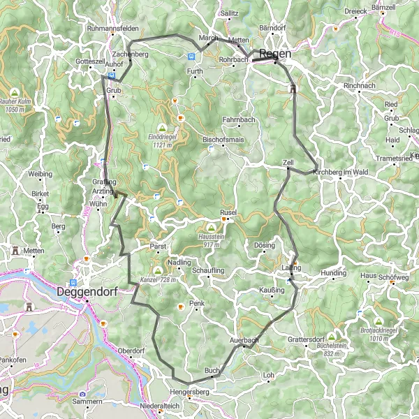 Map miniature of "Weißenstein and beyond" cycling inspiration in Niederbayern, Germany. Generated by Tarmacs.app cycling route planner