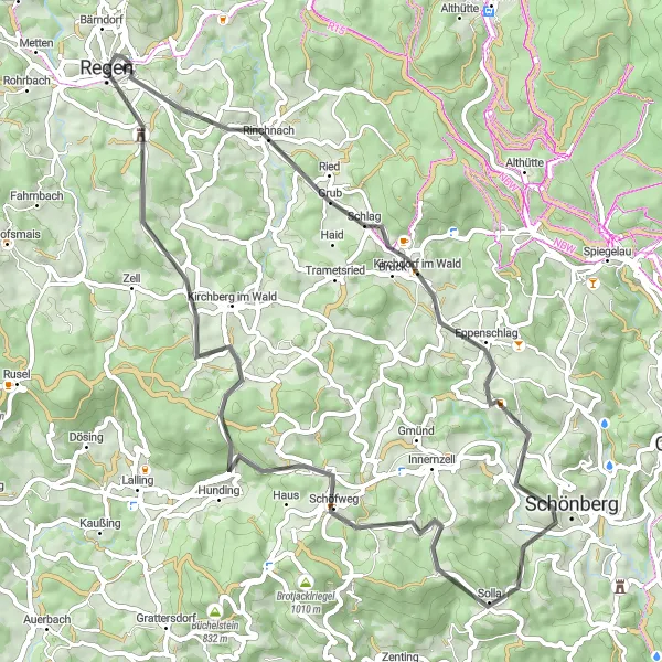 Karten-Miniaturansicht der Radinspiration "Bayerischer Wald und Schönberg-Tour" in Niederbayern, Germany. Erstellt vom Tarmacs.app-Routenplaner für Radtouren