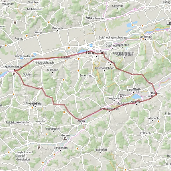 Map miniature of "Aham Traverse" cycling inspiration in Niederbayern, Germany. Generated by Tarmacs.app cycling route planner