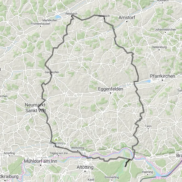 Map miniature of "Simbach Marktl Circuit" cycling inspiration in Niederbayern, Germany. Generated by Tarmacs.app cycling route planner