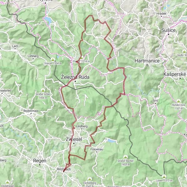 Map miniature of "Forest and Mountain Adventure" cycling inspiration in Niederbayern, Germany. Generated by Tarmacs.app cycling route planner