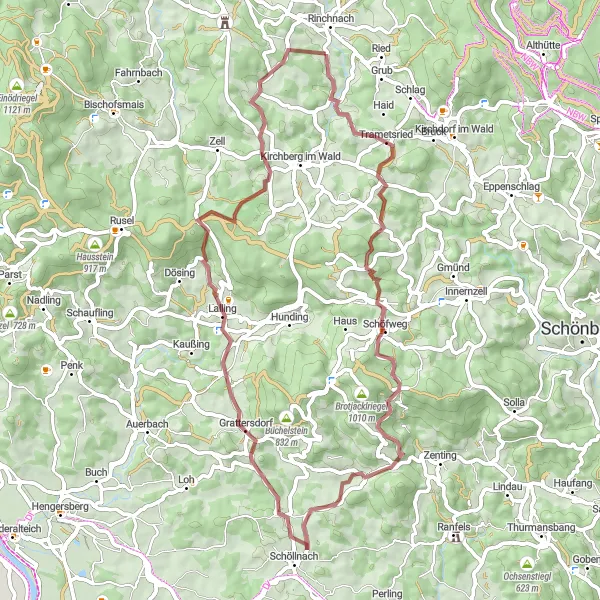 Map miniature of "Rinchnach to Grattersdorf Gravel Loop" cycling inspiration in Niederbayern, Germany. Generated by Tarmacs.app cycling route planner
