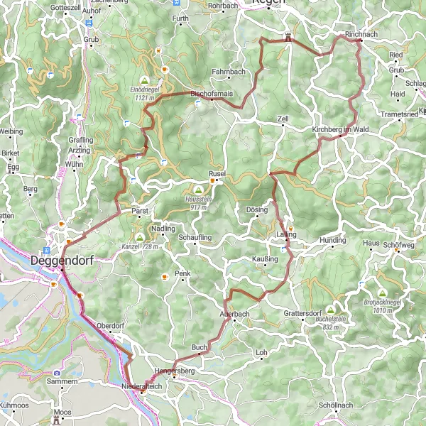 Map miniature of "Rinchnach to Deggendorf Gravel Ride" cycling inspiration in Niederbayern, Germany. Generated by Tarmacs.app cycling route planner