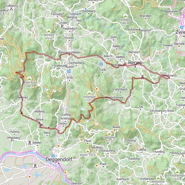 Map miniature of "Rinchnach to Regen Gravel Adventure" cycling inspiration in Niederbayern, Germany. Generated by Tarmacs.app cycling route planner