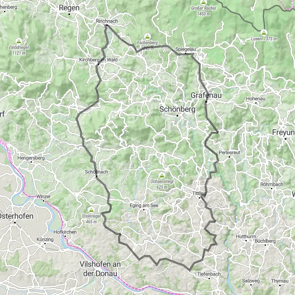 Map miniature of "Exploring Hills and Landmarks" cycling inspiration in Niederbayern, Germany. Generated by Tarmacs.app cycling route planner