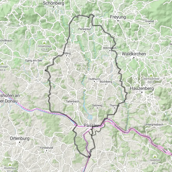 Map miniature of "The Bavarian Rollercoaster" cycling inspiration in Niederbayern, Germany. Generated by Tarmacs.app cycling route planner