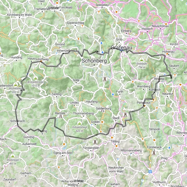 Karten-Miniaturansicht der Radinspiration "Road-Tour mit abwechslungsreichen Strecken" in Niederbayern, Germany. Erstellt vom Tarmacs.app-Routenplaner für Radtouren