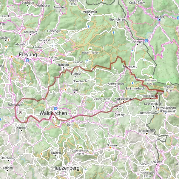 Map miniature of "Scenic Gravel Tour including Röhrnbach" cycling inspiration in Niederbayern, Germany. Generated by Tarmacs.app cycling route planner