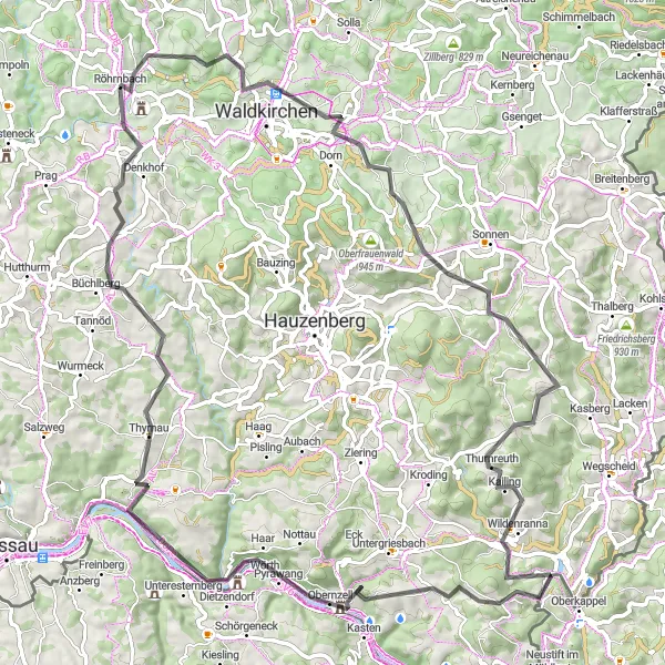 Map miniature of "Röhrnbach - Waldkirchen Adventure" cycling inspiration in Niederbayern, Germany. Generated by Tarmacs.app cycling route planner