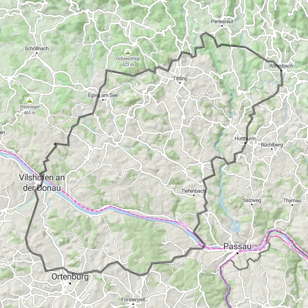 Map miniature of "Röhrnbach - Eging Loop" cycling inspiration in Niederbayern, Germany. Generated by Tarmacs.app cycling route planner