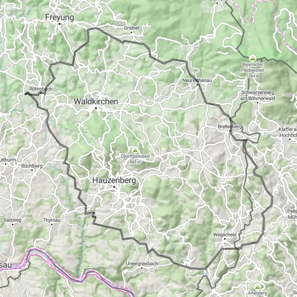 Map miniature of "Challenging Road Cycle Loop via Röhrnbach" cycling inspiration in Niederbayern, Germany. Generated by Tarmacs.app cycling route planner