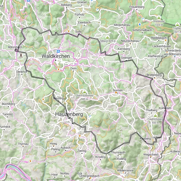 Map miniature of "Röhrnbach and Beyond" cycling inspiration in Niederbayern, Germany. Generated by Tarmacs.app cycling route planner
