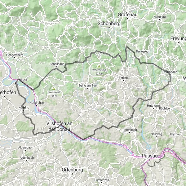 Map miniature of "Röhrnbach - Vilshofen Loop" cycling inspiration in Niederbayern, Germany. Generated by Tarmacs.app cycling route planner