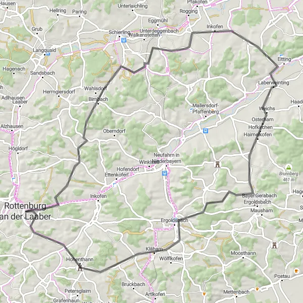 Karten-Miniaturansicht der Radinspiration "Rundweg durch Laberweinting und Ergoldsbach" in Niederbayern, Germany. Erstellt vom Tarmacs.app-Routenplaner für Radtouren