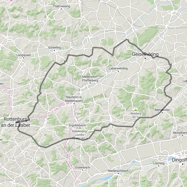 Karten-Miniaturansicht der Radinspiration "Rundtour durch Geiselhöring" in Niederbayern, Germany. Erstellt vom Tarmacs.app-Routenplaner für Radtouren