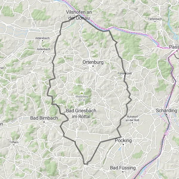 Map miniature of "The Challenging Road to Fürstenzell" cycling inspiration in Niederbayern, Germany. Generated by Tarmacs.app cycling route planner