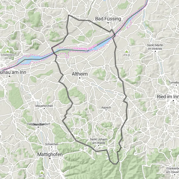 Map miniature of "Exploring Kirchheim im Innkreis" cycling inspiration in Niederbayern, Germany. Generated by Tarmacs.app cycling route planner