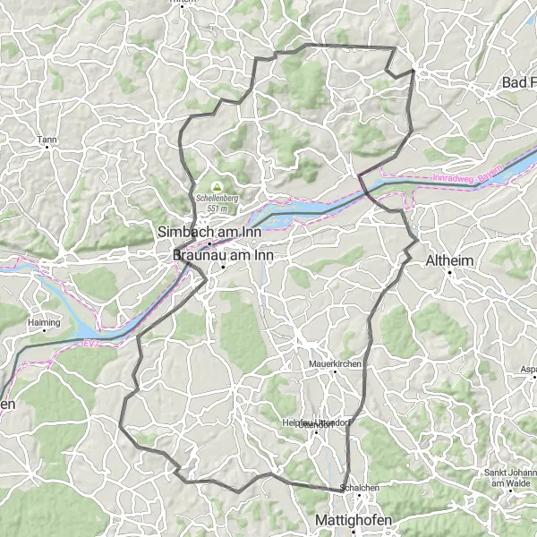 Map miniature of "Ranshofen Historical Ride" cycling inspiration in Niederbayern, Germany. Generated by Tarmacs.app cycling route planner