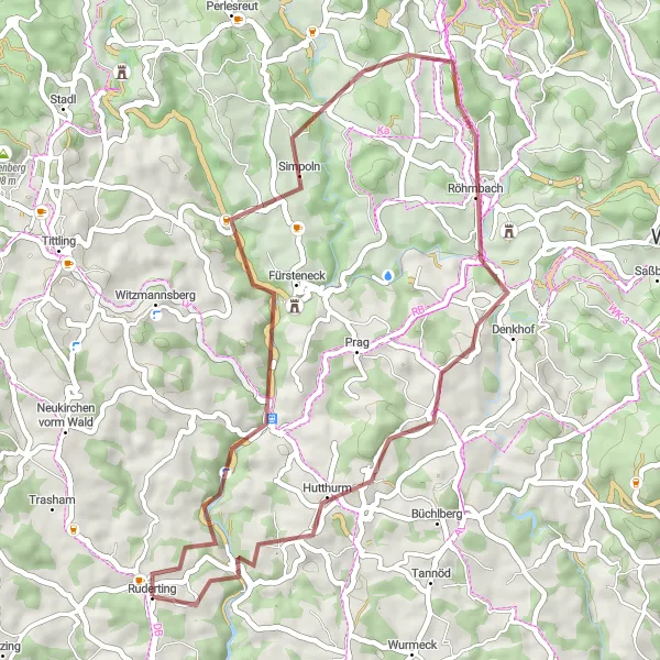 Map miniature of "Fürsteneck Gravel Route" cycling inspiration in Niederbayern, Germany. Generated by Tarmacs.app cycling route planner