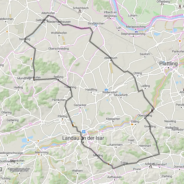 Map miniature of "Salching to Hankofen Route" cycling inspiration in Niederbayern, Germany. Generated by Tarmacs.app cycling route planner