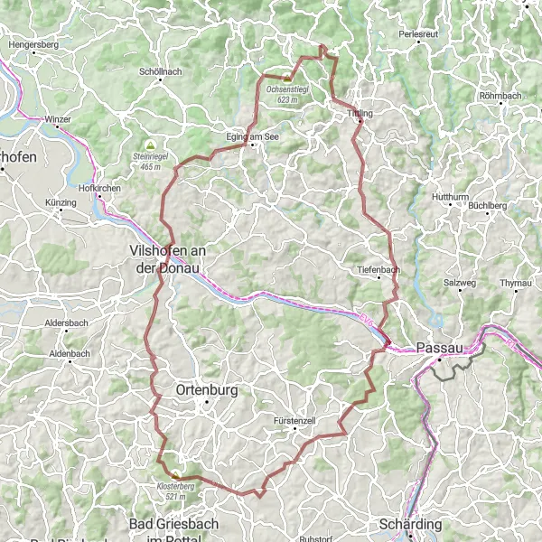 Map miniature of "Thrilling gravel adventure near Saldenburg" cycling inspiration in Niederbayern, Germany. Generated by Tarmacs.app cycling route planner