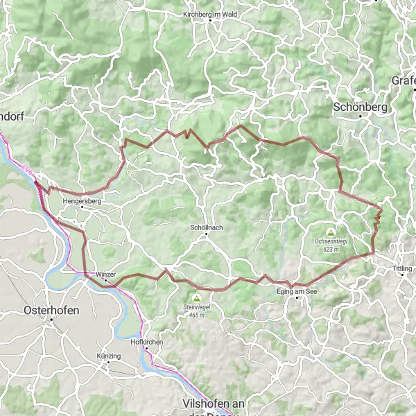 Map miniature of "Scenic gravel loop starting near Saldenburg" cycling inspiration in Niederbayern, Germany. Generated by Tarmacs.app cycling route planner