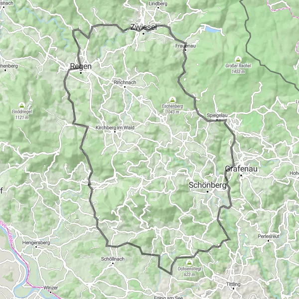 Karten-Miniaturansicht der Radinspiration "Bayerischer Wald auf dem Rennrad" in Niederbayern, Germany. Erstellt vom Tarmacs.app-Routenplaner für Radtouren