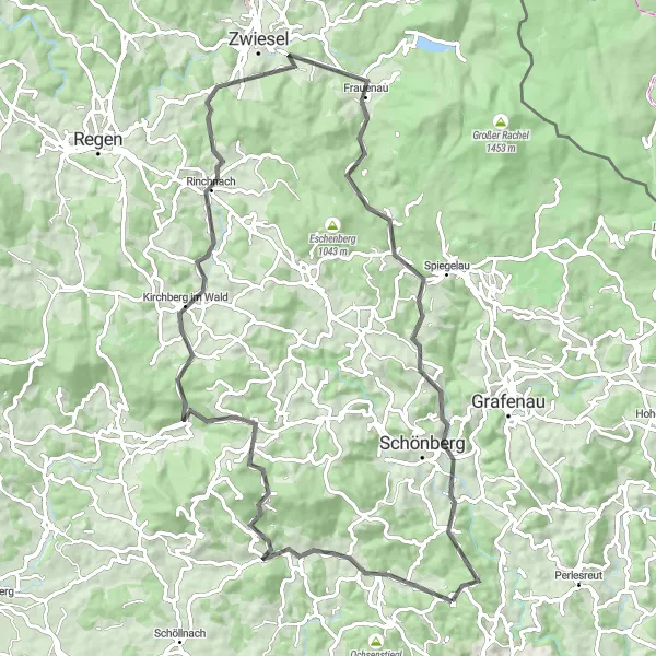 Map miniature of "Bavarian Beauty - Eastern Forest road loop" cycling inspiration in Niederbayern, Germany. Generated by Tarmacs.app cycling route planner