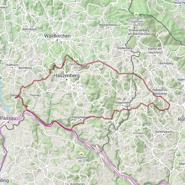 Map miniature of "The Gravel Challenge" cycling inspiration in Niederbayern, Germany. Generated by Tarmacs.app cycling route planner