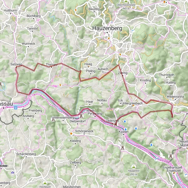 Map miniature of "The Gravel Adventure" cycling inspiration in Niederbayern, Germany. Generated by Tarmacs.app cycling route planner