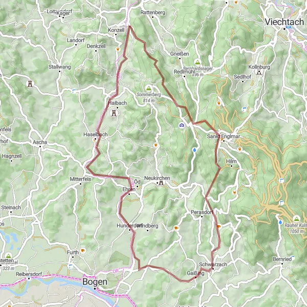 Map miniature of "Hunderdorf – Forest Exploration" cycling inspiration in Niederbayern, Germany. Generated by Tarmacs.app cycling route planner