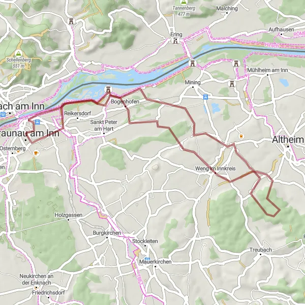 Karten-Miniaturansicht der Radinspiration "Entspannte Graveltour nach Braunau am Inn" in Niederbayern, Germany. Erstellt vom Tarmacs.app-Routenplaner für Radtouren